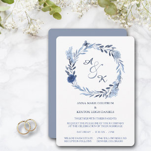 Blue Summer Wreath Monogram Wedding Einladung