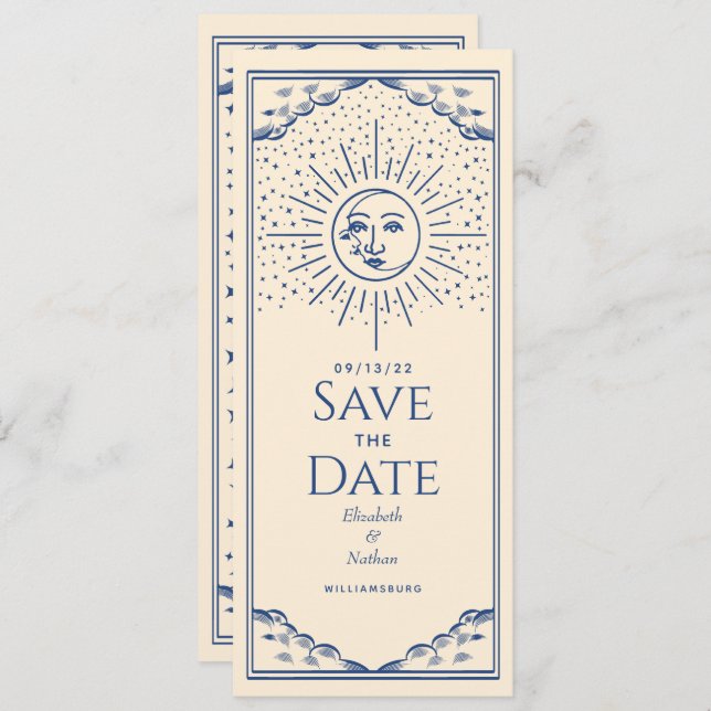 Blue Sun and Moon Tarot Card Save the Date Einladung (Vorne/Hinten)