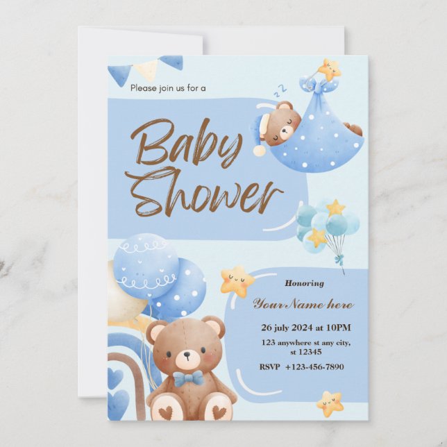 Blue Super Niedlich Bear Baby Shower Einladungen J (Vorderseite)