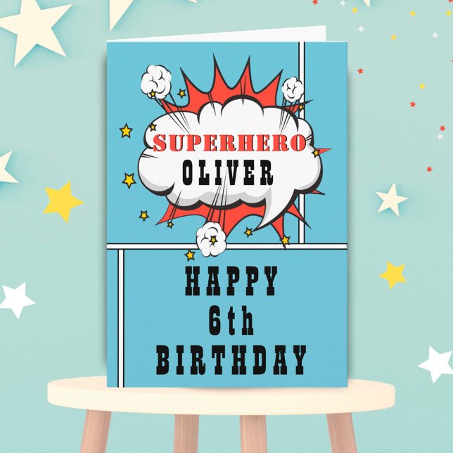 Blue Superhero Comic Speech Bubble Boy Birthday Karte (Von Creator hochgeladen)