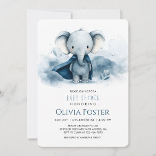 Blue Superhero Elephant Baby Dusche Einladung