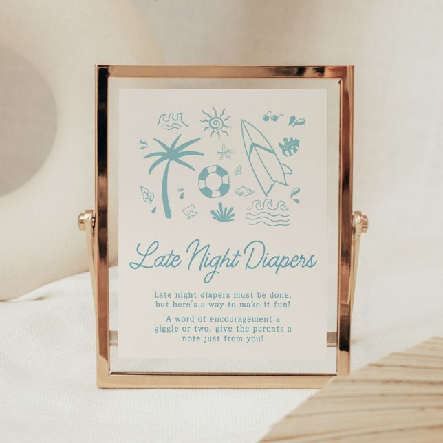 Blue Surf Baby an Bord Spate Night Diapers Poster (Blue Surf Baby on Board Baby Shower Late Night Diapers Sign)