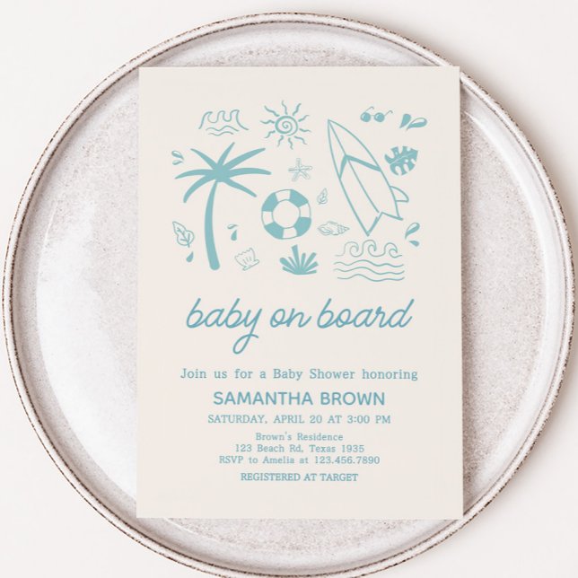 Blue Surf Baby on Board Baby Dusche Einladung (Blue Baby on Board Baby Shower Invitation)