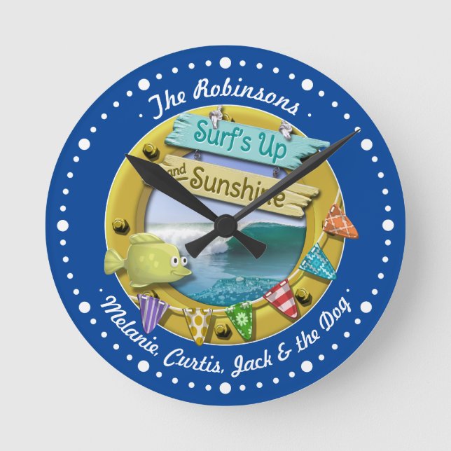 Blue Surf Sunshine Family Holiday Beach Hut Runde Wanduhr (Vorderseite)
