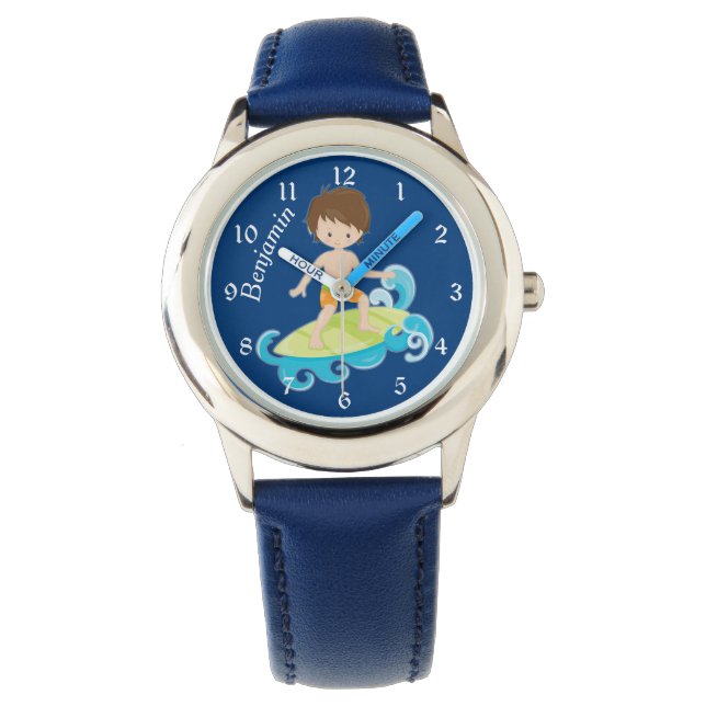 Blue Surfer Boy Kids Armbanduhr (Vorderseite)