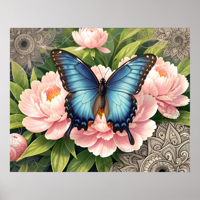 Blue Swallowtail Butterfly Floral Botanical Art Poster (Vorne)
