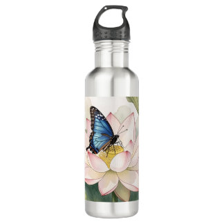  Blue Swallowtail Butterfly With Lotus Flower Art Edelstahlflasche