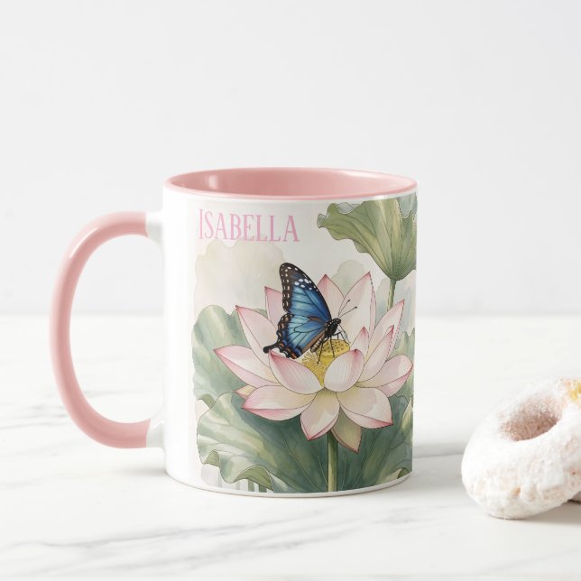 Blue Swallowtail Butterfly With Lotus Flower Name Tasse (Mit Donut)