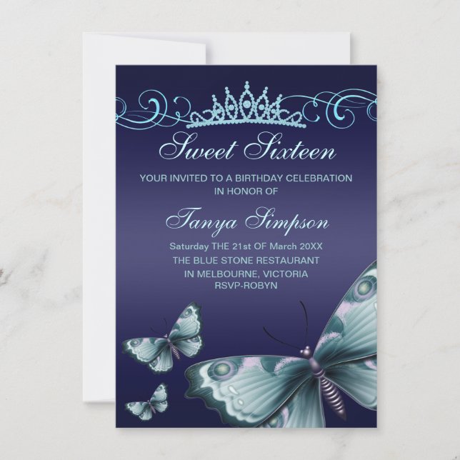 Blue Sweet16 Butterfly & Tiara Birthday Invite Einladung (Vorderseite)