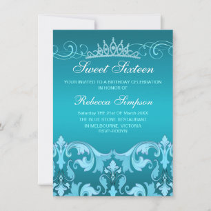 Blue Sweet16 Damask & Tiara Birthday Einladung