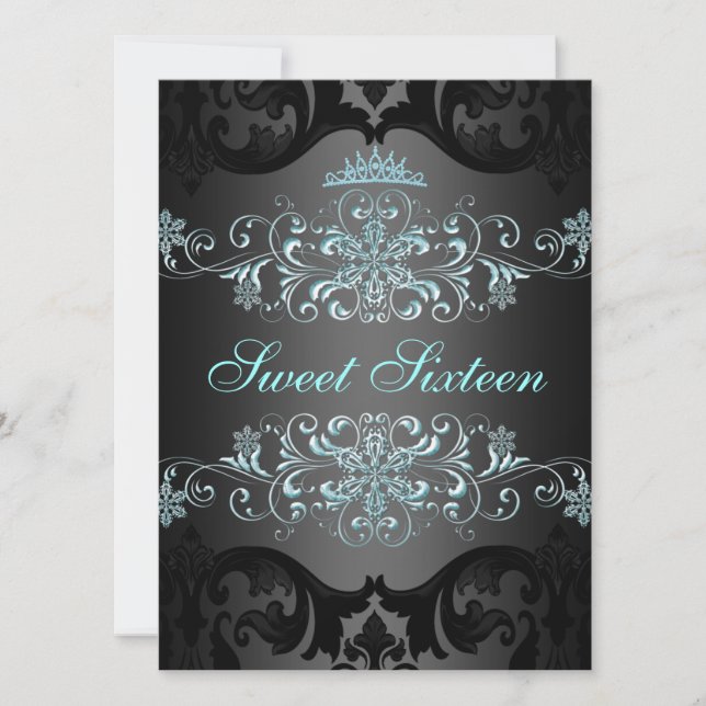 Blue Sweet16 Elégant Tiara Damask Invitation d'ann (Devant)