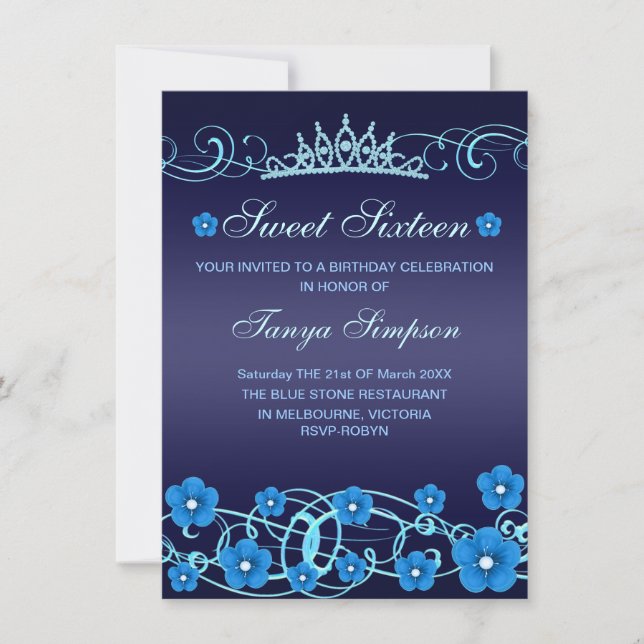 Blue Sweet16 Fleur & Tiara Invitation d'anniversai (Devant)