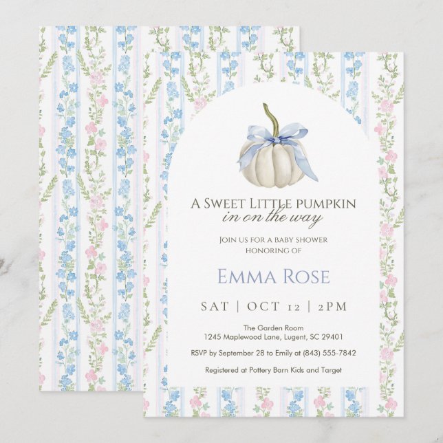 Blue Sweet Little Pumpkin Baby Dusche Einladung (Vorne/Hinten)
