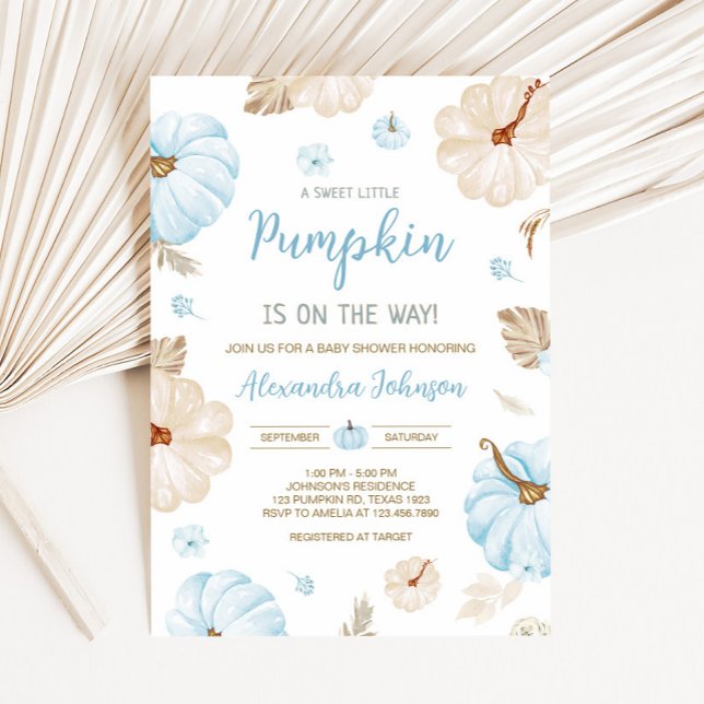 Blue Sweet Little Pumpkin Fall Baby Shower Einladung (Boy Sweet Little Pumpkin Fall Baby Shower Invitation)