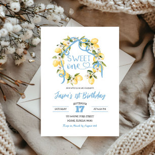 Blue Sweet One Boy First Birthday Invitation