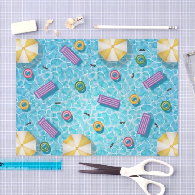 Blue Swimming Pool With Colorful Pool Floats Seidenpapier (Handwerk)