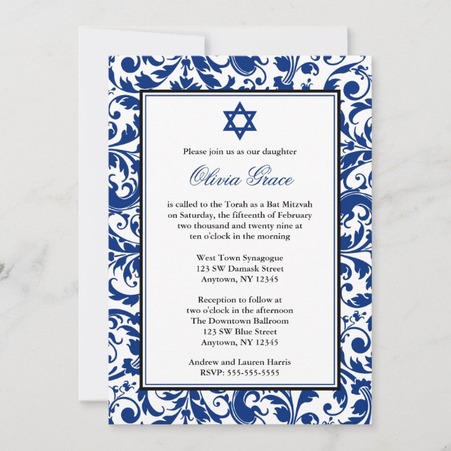 Blue Swirl Damask Bat Mitzvah Einladungen (Vorderseite)