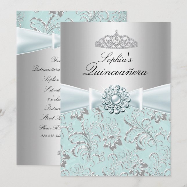 Blue Swirl Tiara Quinceanera Ankündigungen (Vorne/Hinten)
