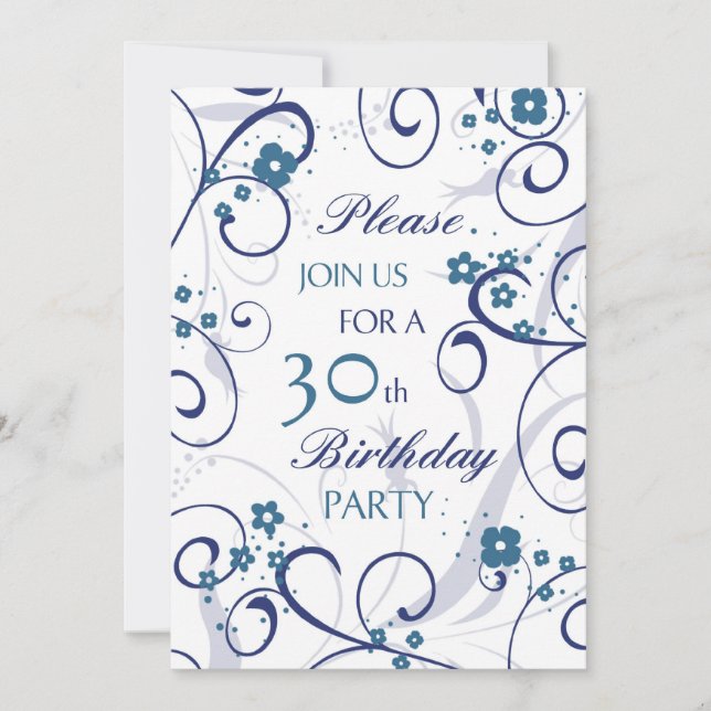 Blue Swirls 30th Birthday Party Invitation Card (Devant)