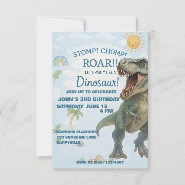 Blue T-Rex Dinosaur Birthday Invite Einladung (Vorderseite)