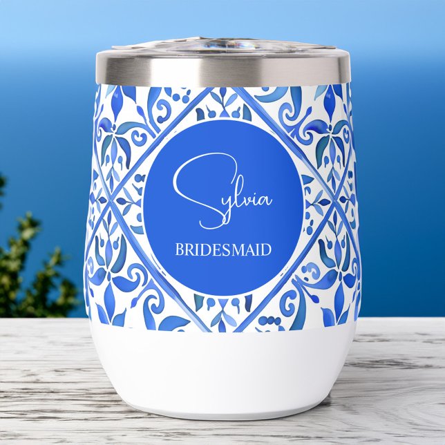 Blue Talavera Espagnol tuiles bridesservantes cade (Blue Talavera Spanish Azulejo tiles bridesmaids gifts personalized monogram Thermal Wine Tumbler)