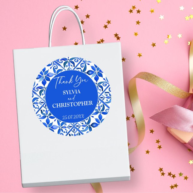 Blue Talavera Gastgeschenk Hochzeit Runder Aufkleber (Blue Talavera Spanish tiles wedding thank you favor Stickers wedding favors)