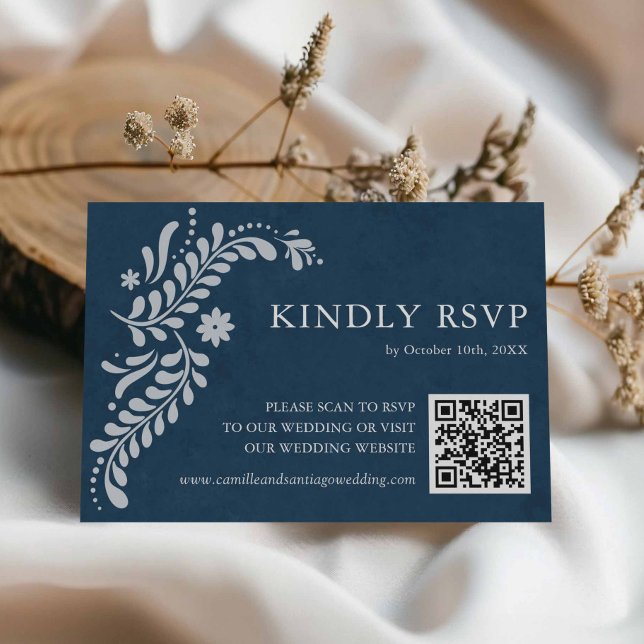 Blue Talavera Mexican QR Code RSVP Karte (Blue Talavera Mexican Wedding RSVP card)