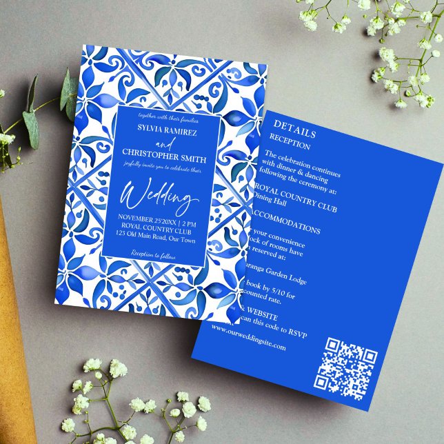 Blue Talavera Spanische Fliesen alle in einer Hoch Einladung (Blue Azulejo Talavera vintage Spanish tiles all in one wedding Invitation template instant download)