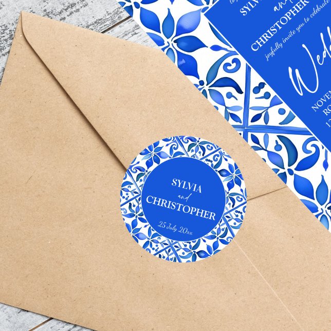 Blue Talavera Spanische Fliesen alle in einer Hoch Runder Aufkleber (Blue Azulejo Talavera Spanish blue tiles wedding Classic Stickers template bride and groom names)