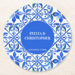 Blue Talavera Spanische Fliesen Monogramm Gastgesc Runder Pappuntersetzer<br><div class="desc">Blue Azulejo Talavera Spanisch Mexikanische Fliesen Elegante Hochzeit bevorzugt monogramm personalisierte gedruckte Untersetzer,  lebhafte kühle Farben Hochzeitsempfang personalisierte Dekoration Gastgeschenk Hochzeit Geschenke Hochzeitsfeier Untersetzer</div>