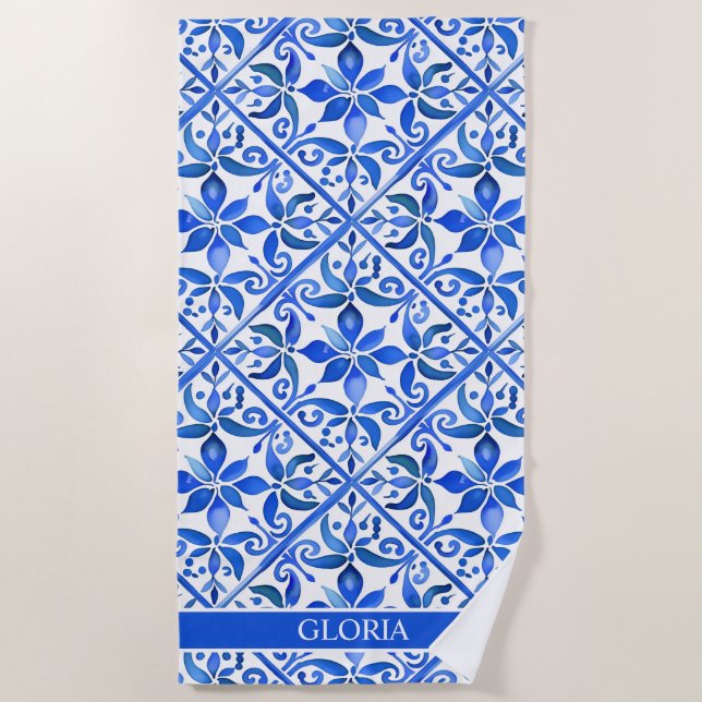 Blue Talavera Spanischen Fliesen Bridesmaifts Gesc Strandtuch (Vorderseite)