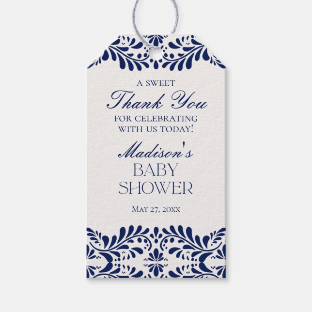 Blue Talavera Tile Fiesta Baby Dusche Gefallen Geschenkanhänger (Vorderseite)