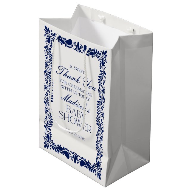 Blue Talavera Tile Fiesta Baby Duschfavoriten Mittlere Geschenktüte (Vorderseite Schrägansicht)