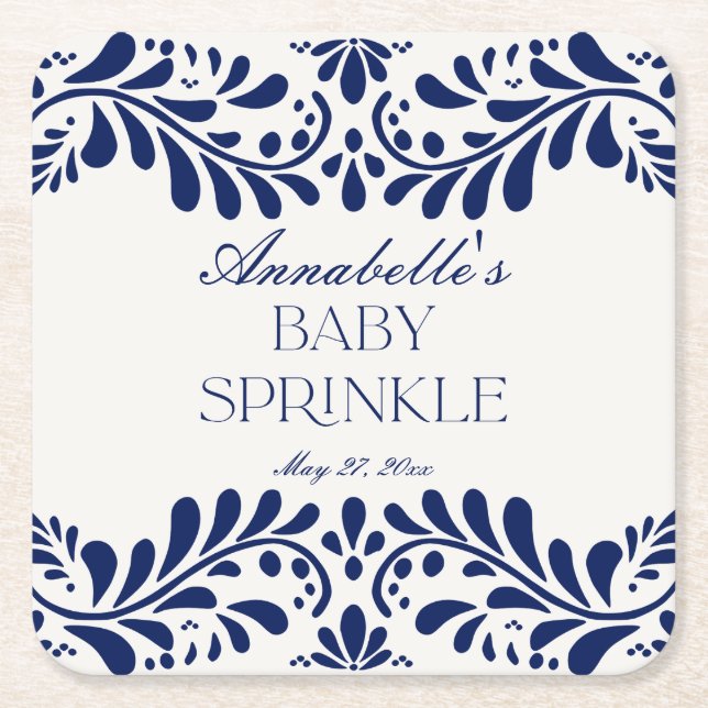 Blue Talavera Tile Spanish Fiesta Baby Sprinkle Rechteckiger Pappuntersetzer (Vorderseite)