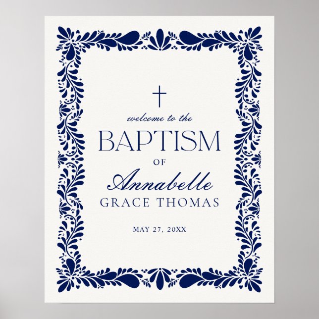 Blue Talavera Tile Spanish Fiesta Taufe Willkommen Poster (Vorne)