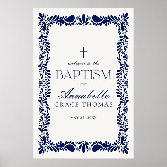 Blue Talavera Tile Spanish Fiesta Taufe Willkommen Poster (Vorne)