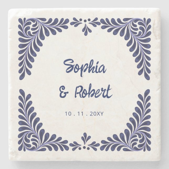 Blue Talavera Tiles Wedding Steinuntersetzer (Vorderseite)