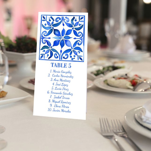 Blue Talavera Vintage mexikanische Hochzeitsfeier  (Blue and white Talavera Vintage Mexican wedding table number cards personalized reception decor)
