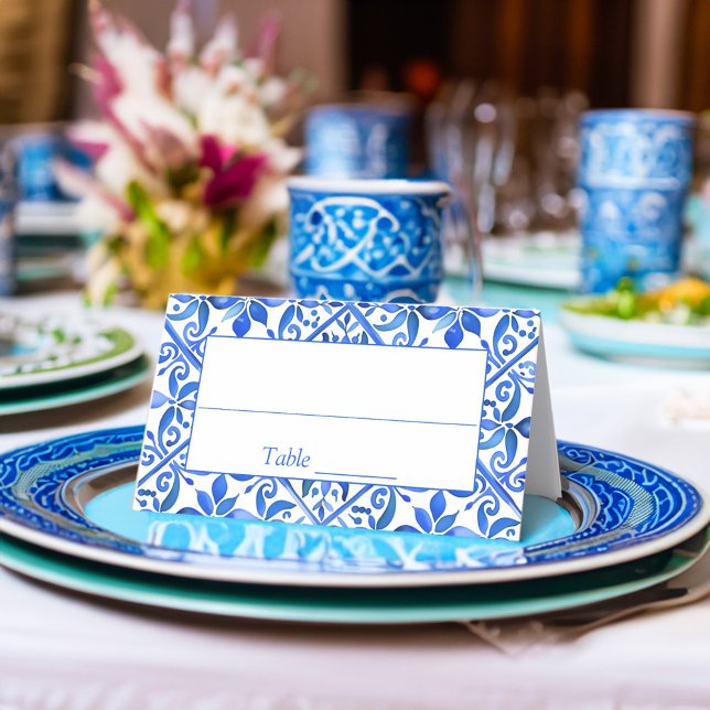 Blue Talavera Vintage spanische Fliesen Hochzeit Platzkarte (Blue Talavera tiles vintage Mexican Spanish wedding Place Card personalized reception decor)