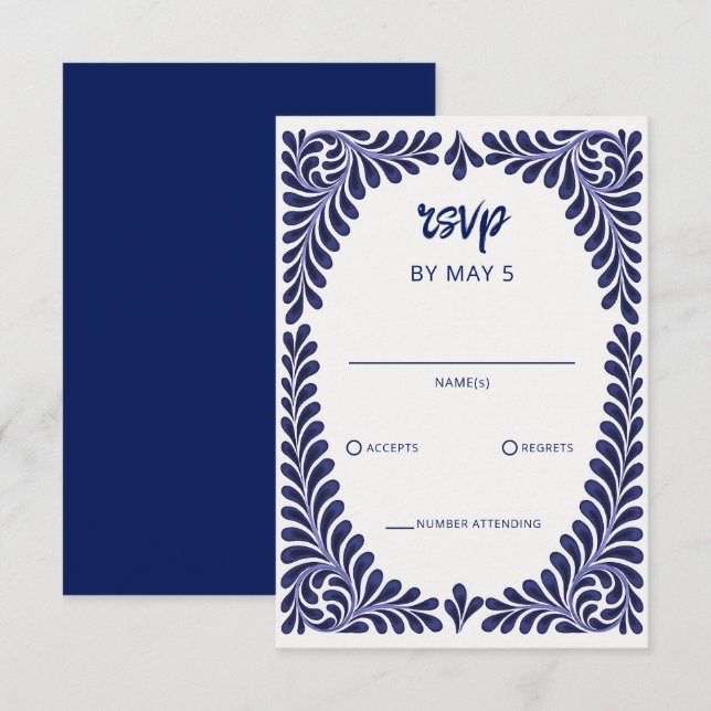 Blue Talavera Wedding RSVP Karte (Vorne/Hinten)
