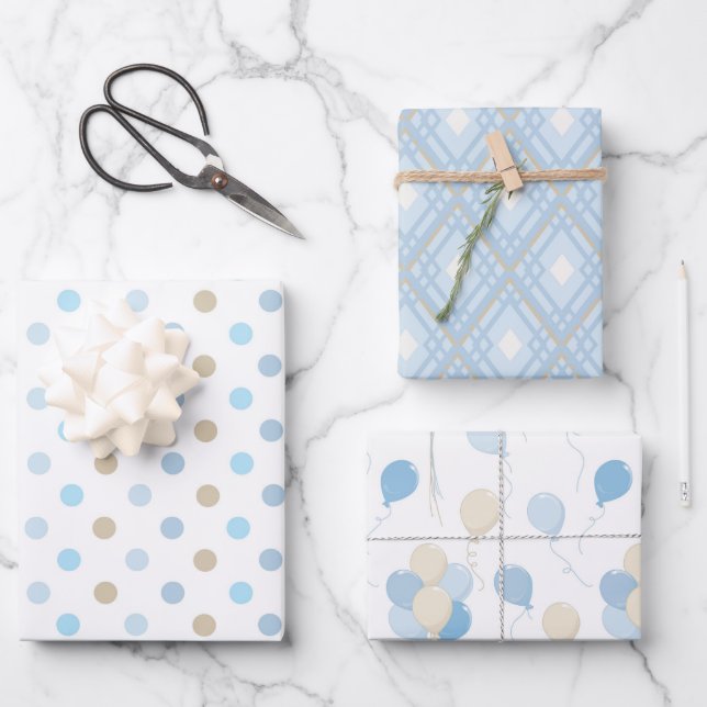 BLUE & TAN BABY BOY PATTERS GESCHENKPAPIER SET (Vorderseite)