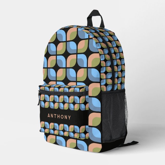Blue Tan Beige Grün Schwarzes Mitteljahrskunstmust Bedruckter Rucksack (Rückseitige Ecke Rechts)