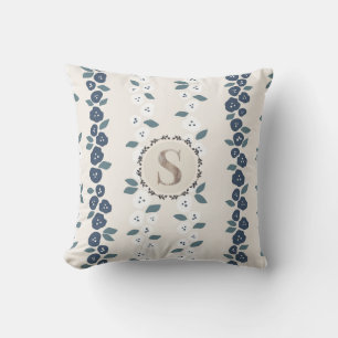 Blue Tan Floral Monogram Bauernhof Vintag Kissen