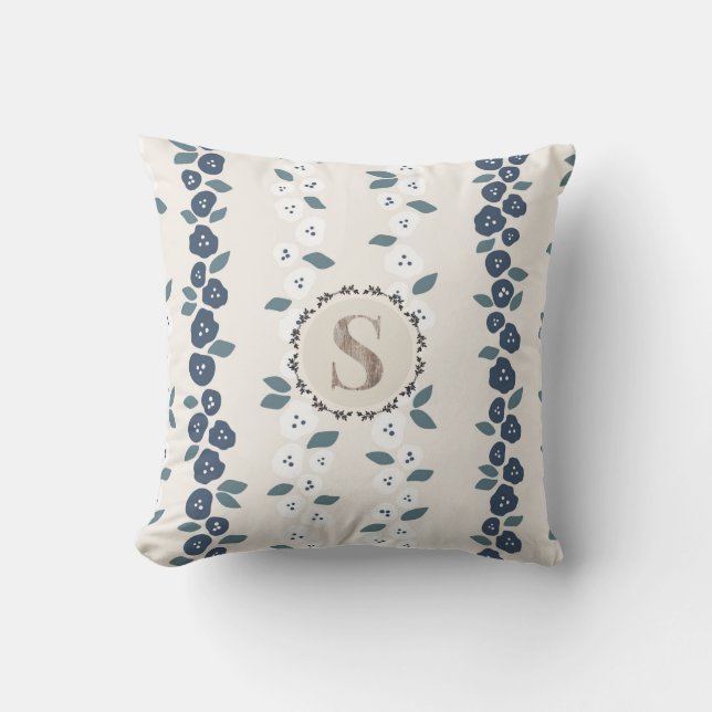 Blue Tan Floral Monogram Bauernhof Vintag Kissen (Vorderseite)