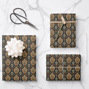 Blue & Tan Peacock Feather Motifs auf Black Geschenkpapier Set