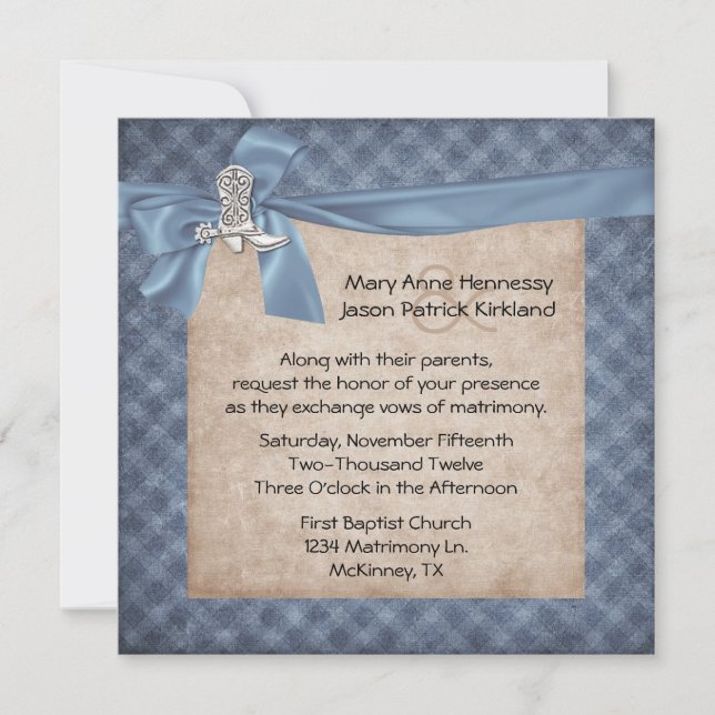 Blue & Tan Rustic Western Thema Hochzeit Einladung (Vorderseite)