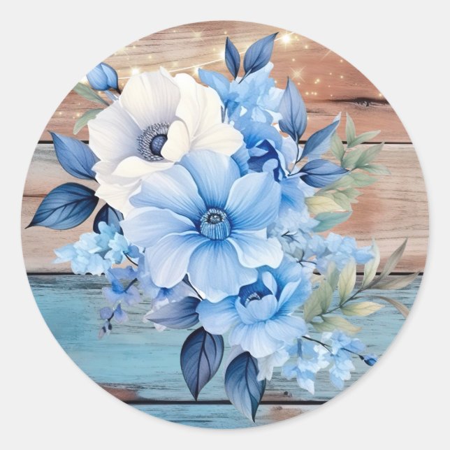 Blue Tan Wood Lights Floral Wedding Runder Aufkleber (Vorderseite)