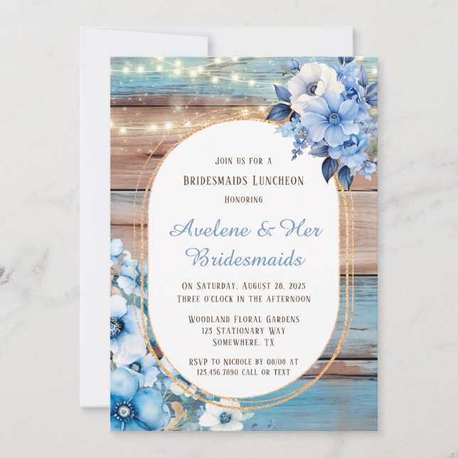Blue Tan Wood Lights Florals Bridesmaids Luncheon Einladung (Vorderseite)
