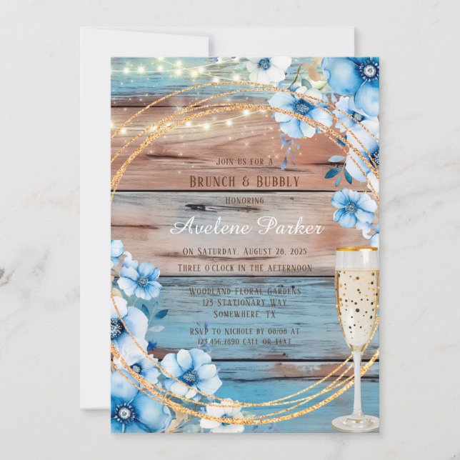 Blue Tan Wood Lights Florals Brunch & Bubbly Einladung (Vorderseite)