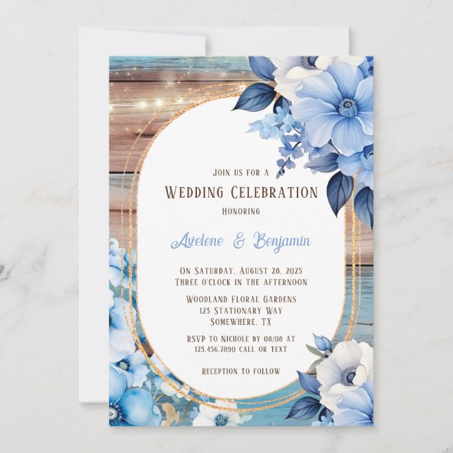 Blue Tan Wood Lights Florals Wedding Celebration Einladung (Vorderseite)